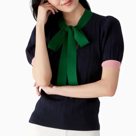 kate spade Tops - NEW Kate Spade Size S Navy Color Block Bow Neck Short Sleeve Sweater Top